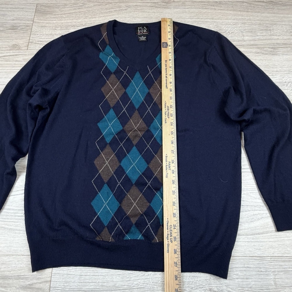 JOS A BANK Mens XL V-Neck Argyle Merino Wool Sweater Navy Blue Teal Long Sleeve - Picture 6 of 6